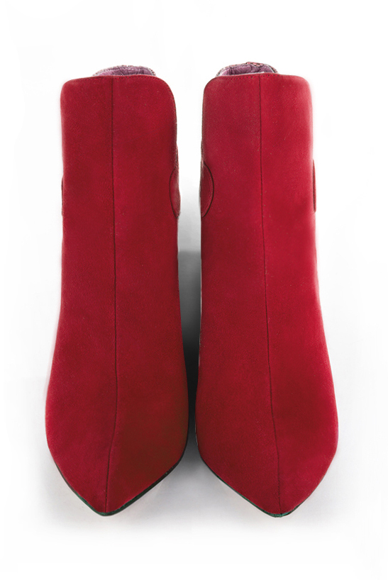 Cardinal red women's ankle boots with buckles at the back. Tapered toe. Very high slim heel. Top view - Florence KOOIJMAN